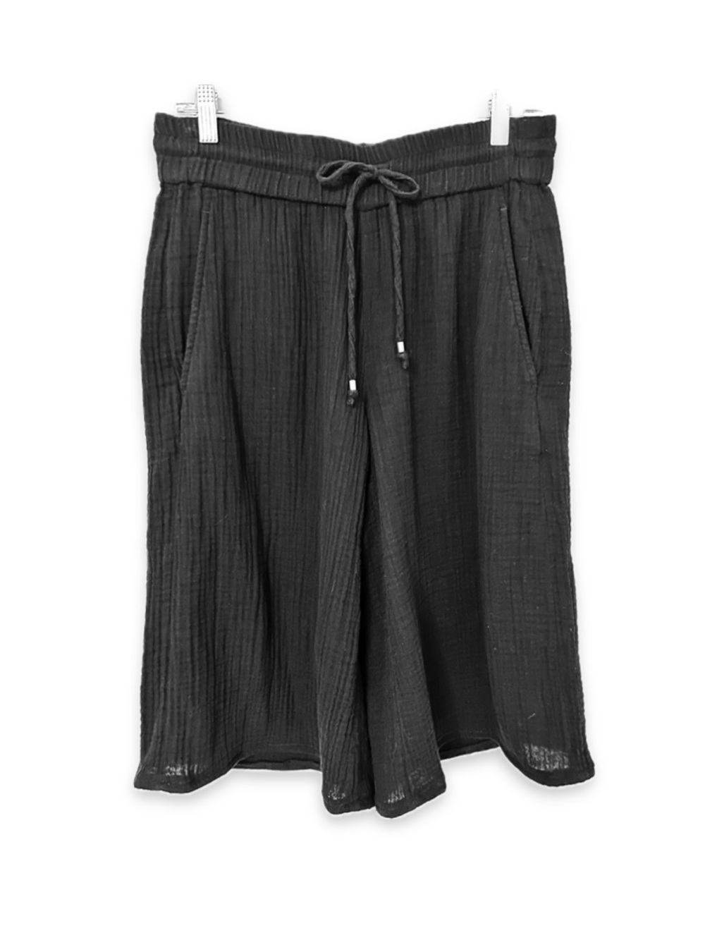 Eileen Fisher Black Cotton Gauze Cropped Wide Leg Pants Drawstring Waist